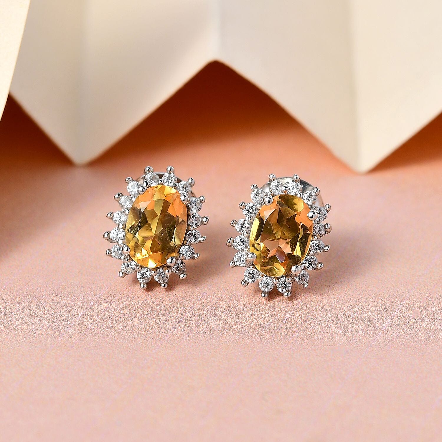 Citrine and Natural Cambodian Zircon Stud Earrings (with Push Post) in Platinum Overlay Sterling Silver 1.73 Ct.